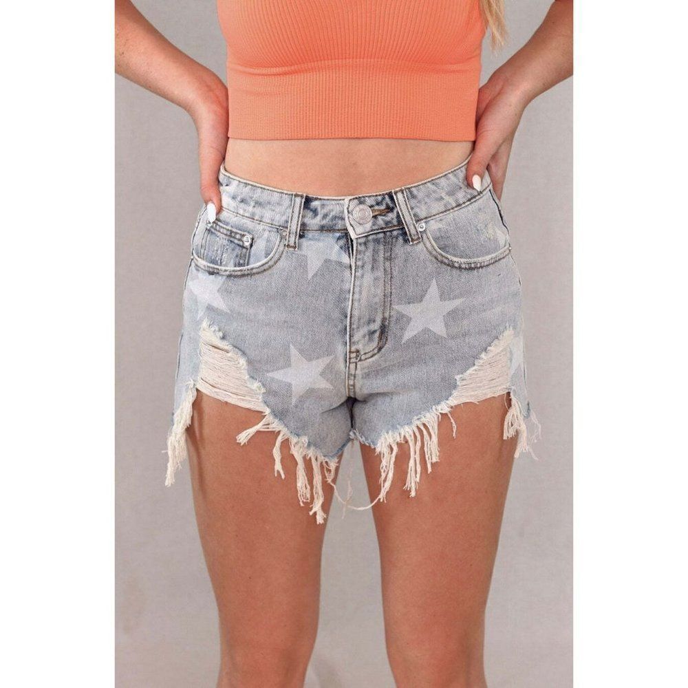 SALE! Blue Buttercup Star Print Blue Demin Distressed Shorts 100% Cotton KP80880